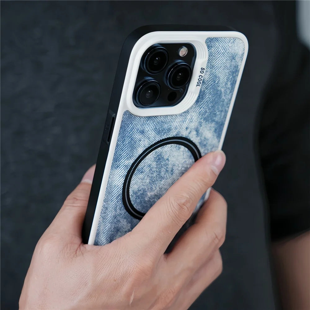 For iPhone 13 Pro Magnetic Case Denim Cloth Texture Leather Coated PC+TPU Phone Cover - Blue - 2