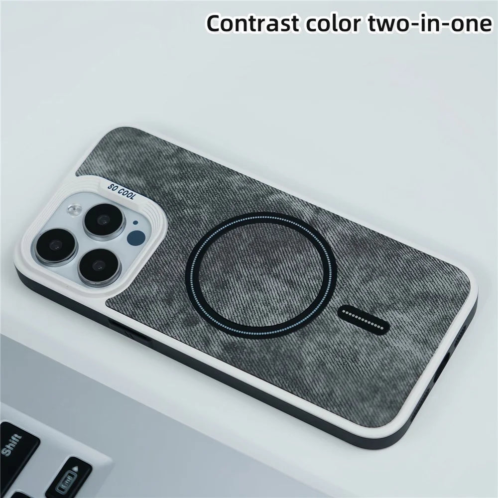For iPhone 13 Pro Magnetic Case Denim Cloth Texture Leather Coated PC+TPU Phone Cover - Blue - 5