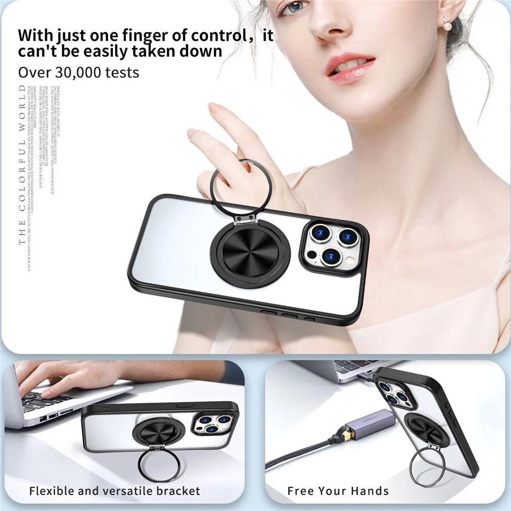 For iPhone 15 Pro Max Clear Case Rotating Kickstand TPU+PC Anti-drop Phone Cover Magnetic Shell - Black - 6