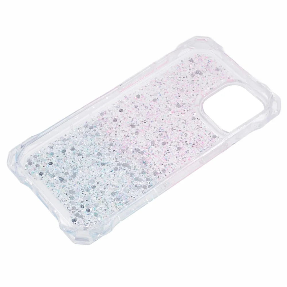 Phone Cases for iPhone 15 Gradient Color Shell Glittery Powder TPU+Acrylic Phone Cover with Strap - Pink+Green - 5