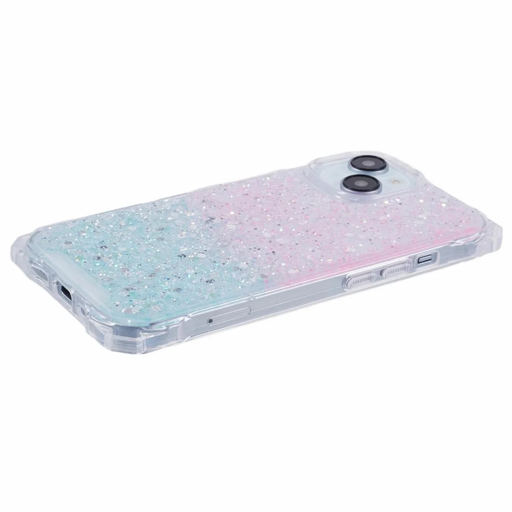 Phone Cases for iPhone 15 Gradient Color Shell Glittery Powder TPU+Acrylic Phone Cover with Strap - Pink+Green - 6