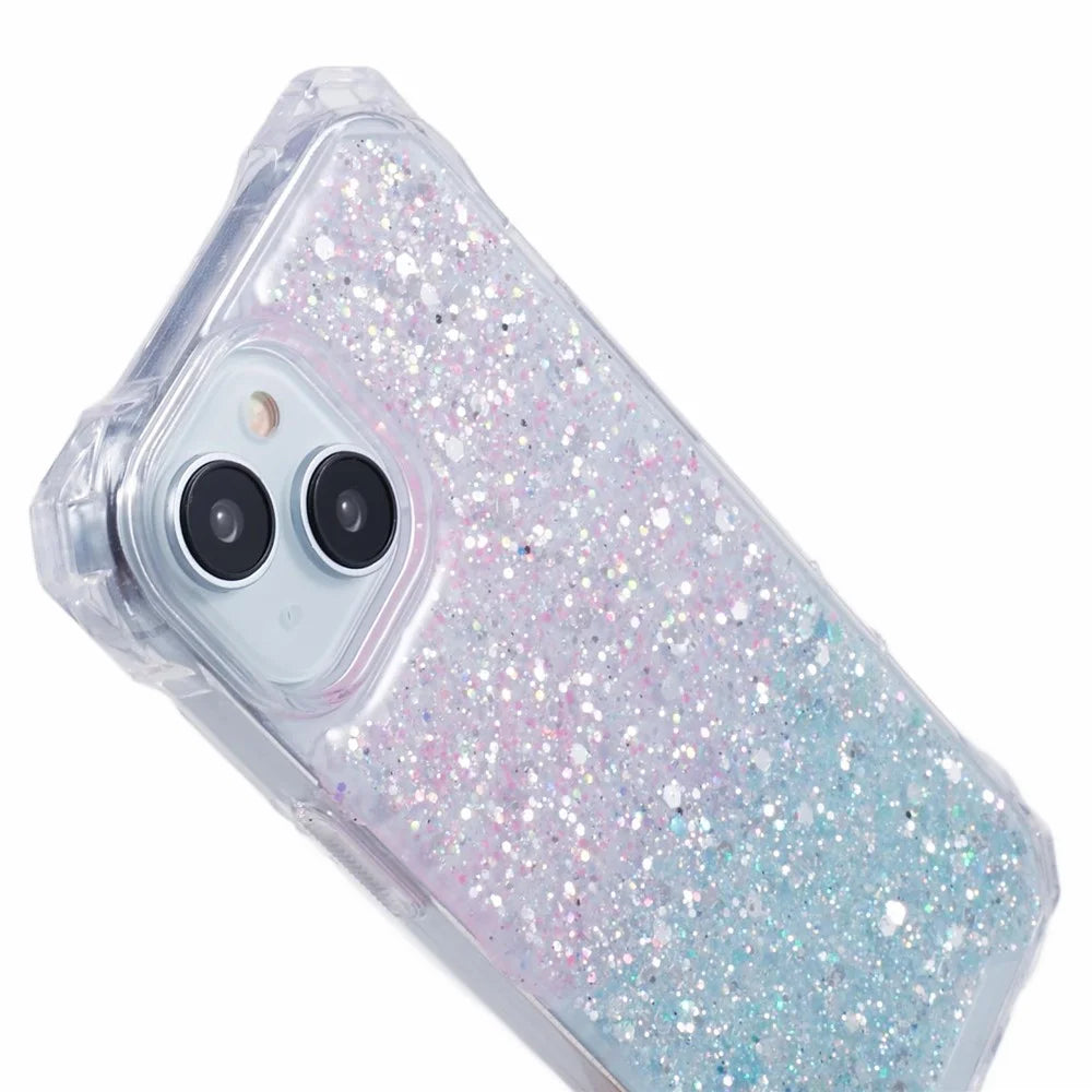 Phone Cases for iPhone 15 Gradient Color Shell Glittery Powder TPU+Acrylic Phone Cover with Strap - Pink+Green - 7