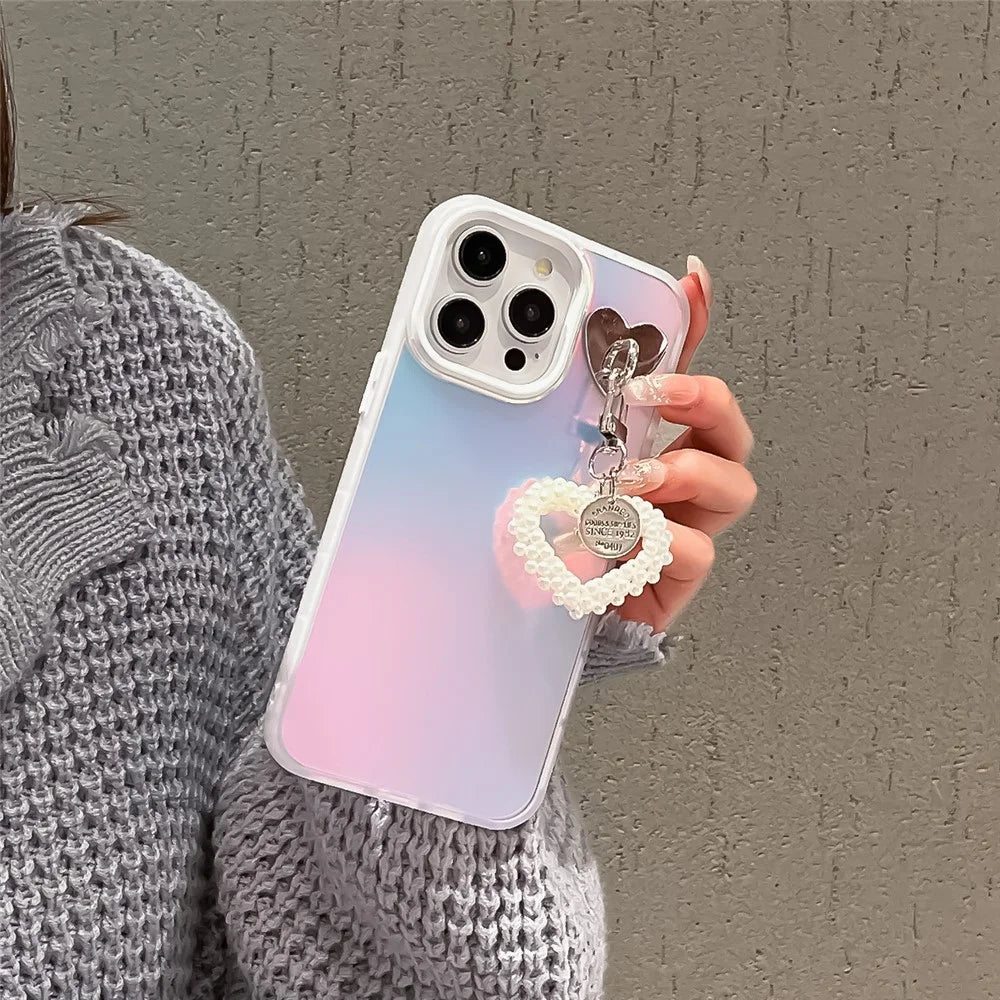 For iPhone 13 Pro PC+TPU Case Matte Laser Effect Slim Phone Cover with Pearls Heart Pendant - White - 3