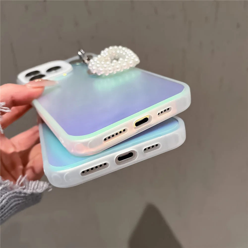 For iPhone 13 Pro PC+TPU Case Matte Laser Effect Slim Phone Cover with Pearls Heart Pendant - White - 5