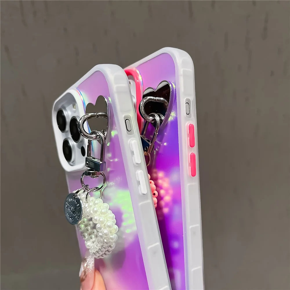 For iPhone 13 Pro PC+TPU Case Matte Laser Effect Slim Phone Cover with Pearls Heart Pendant - White - 6
