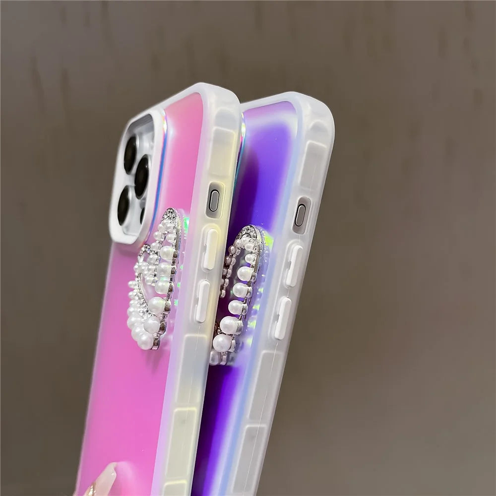 For iPhone 12 Pro Max Cell Phone Cases Matte Laser PC+TPU Pearls Heart Cover with Hand Strap - Transparent - 6