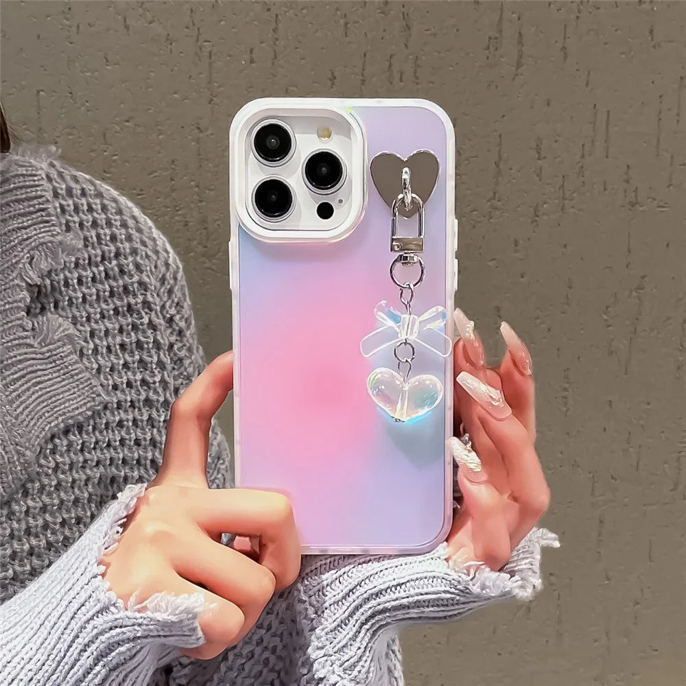 For iPhone 14 Pro Max Phone Case Heart Bowknot Pendant Laser Effect PC+TPU Cover - Transparent - 6