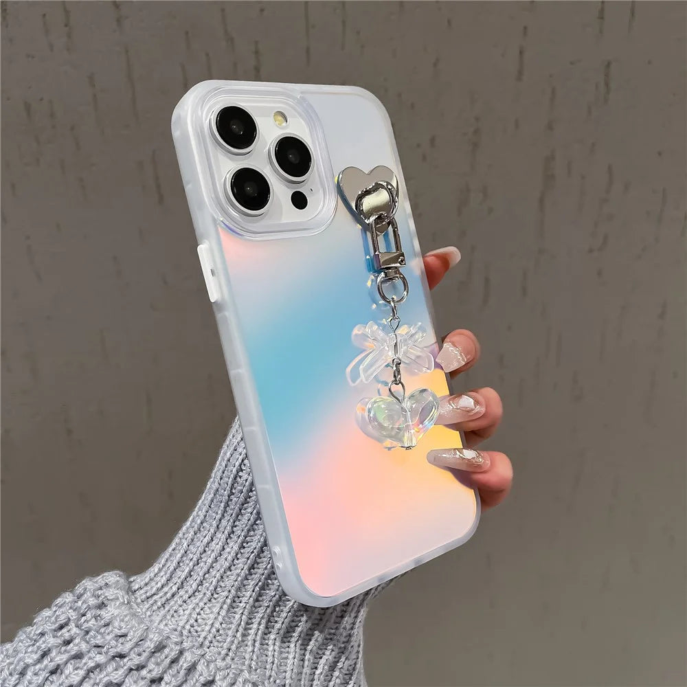 For iPhone 14 Pro Case Laser Effect Matte PC+TPU Phone Cover with Heart Bowknot Pendant - Transparent - 2