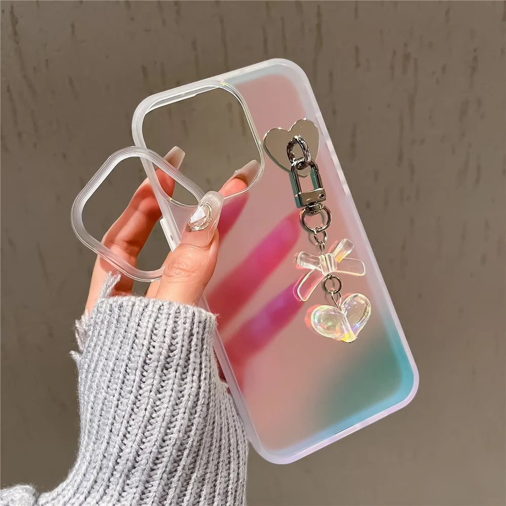For iPhone 14 Pro Case Laser Effect Matte PC+TPU Phone Cover with Heart Bowknot Pendant - Transparent - 3