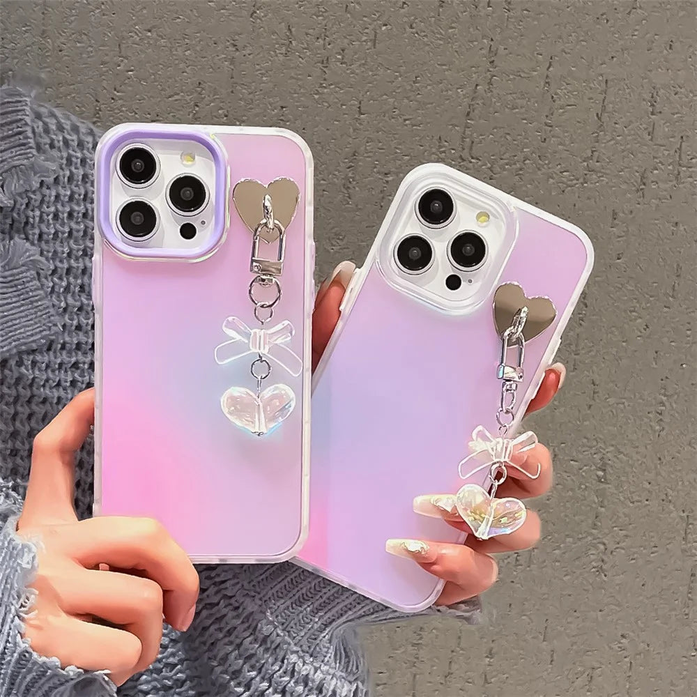 For iPhone 14 Pro Case Laser Effect Matte PC+TPU Phone Cover with Heart Bowknot Pendant - Transparent - 7