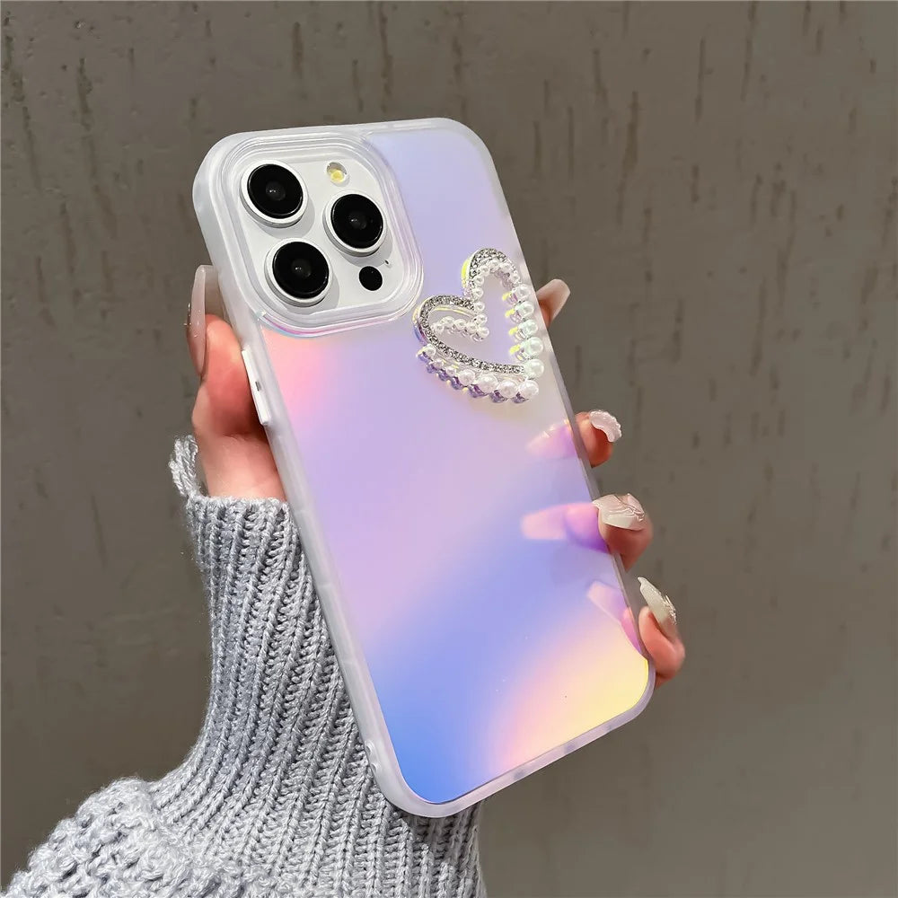 PC+TPU Shell for iPhone 12 Pro Max Laser Effect Case Matte Phone Cover with Pearls Heart Decor - Transparent - 2