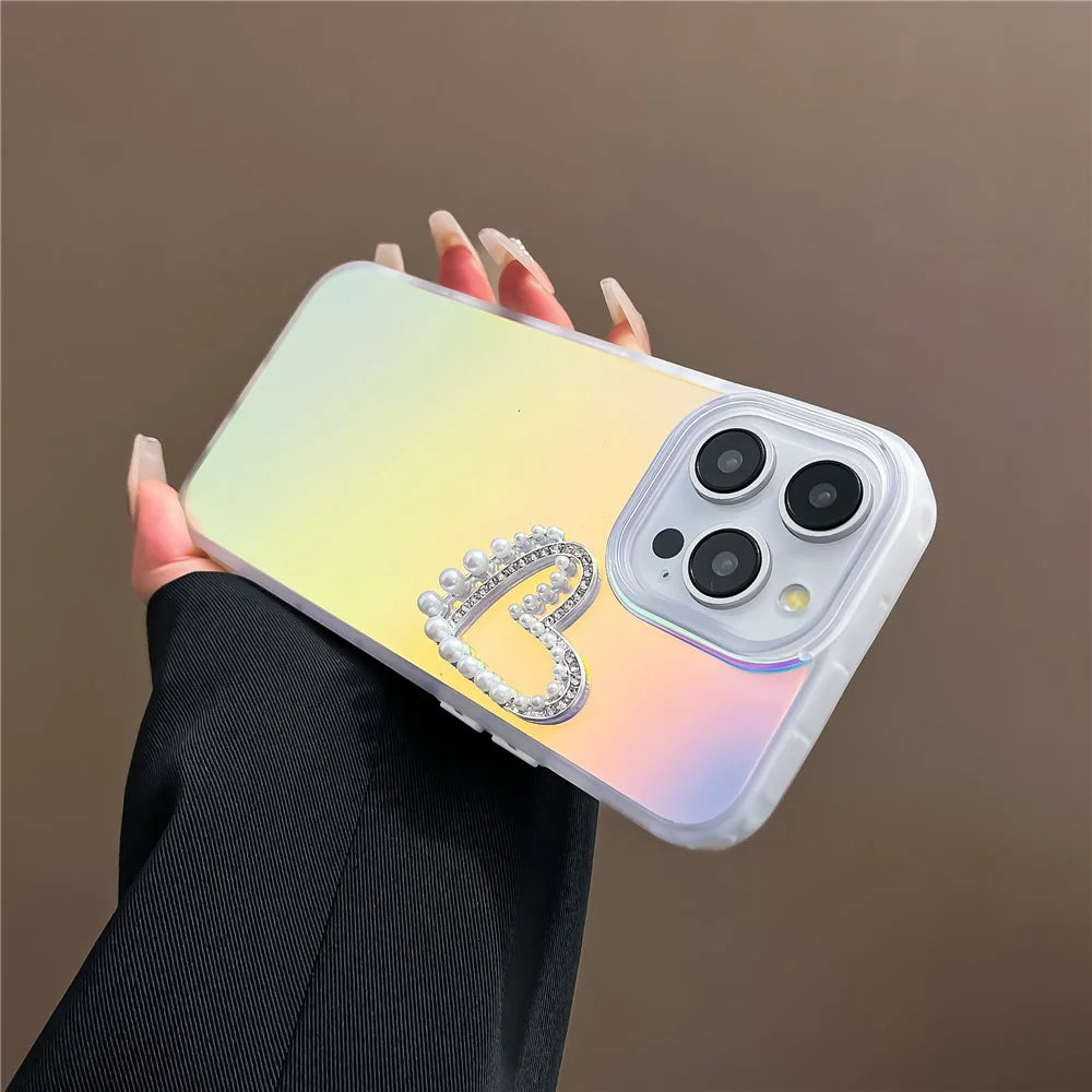 PC+TPU Shell for iPhone 12 Pro Max Laser Effect Case Matte Phone Cover with Pearls Heart Decor - Transparent - 4