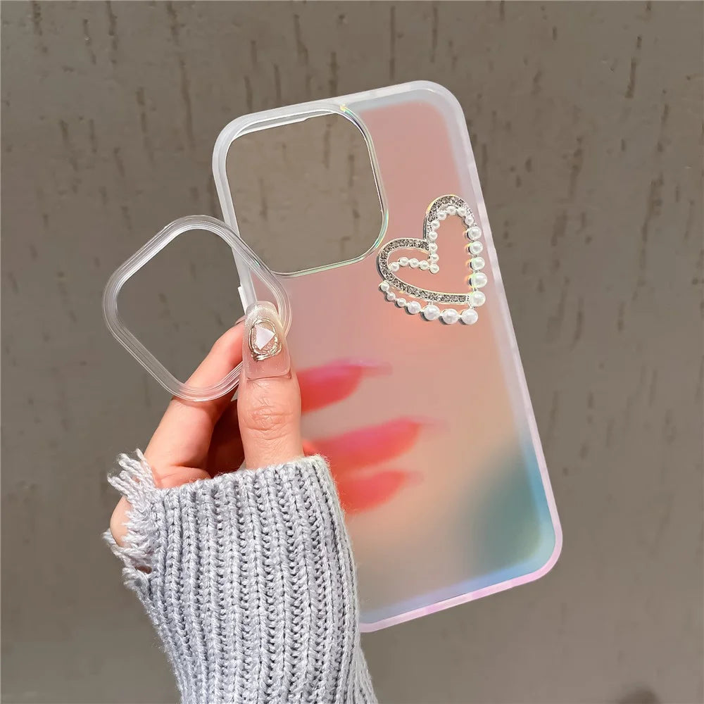 PC+TPU Shell for iPhone 12 Pro Max Laser Effect Case Matte Phone Cover with Pearls Heart Decor - Transparent - 5