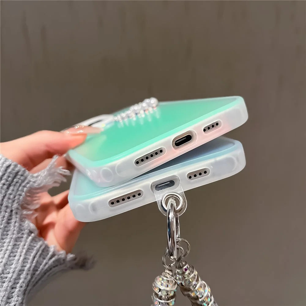 PC+TPU Shell for iPhone 12 Pro Max Laser Effect Case Matte Phone Cover with Pearls Heart Decor - Transparent - 7