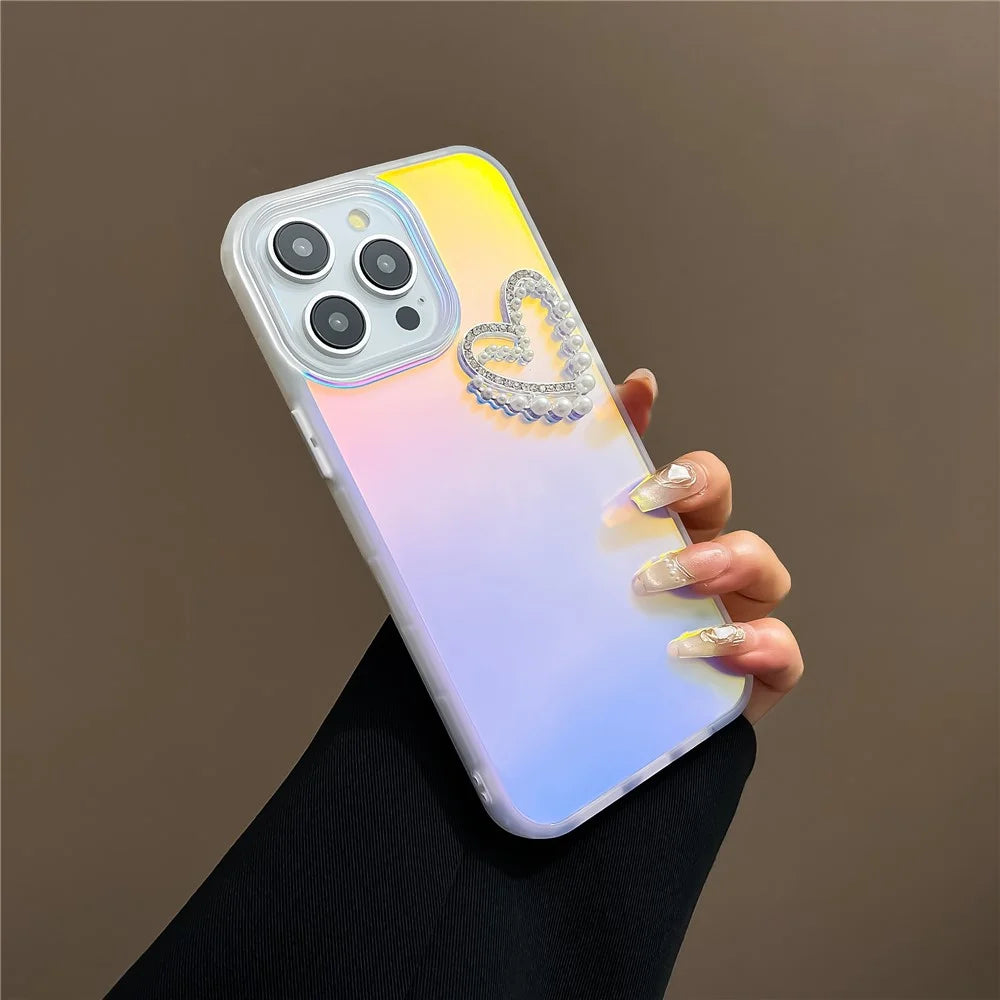 For iPhone 12 / 12 Pro Matte Case Shockproof PC+TPU Phone Cover with Pearls Heart Decor - Transparent - 3