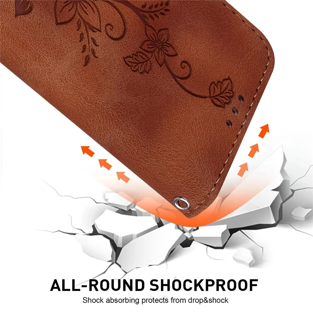 For Infinix Hot 40 / 40 Pro Case Card Slots PU Leather Wallet Phone Cover Flower Imprinted - Brown - 4