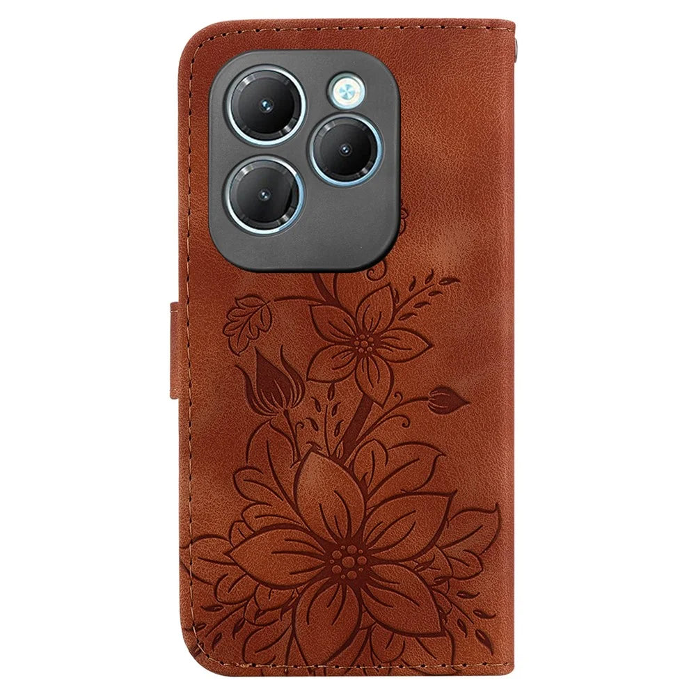 For Infinix Hot 40 / 40 Pro Case Card Slots PU Leather Wallet Phone Cover Flower Imprinted - Brown - 7