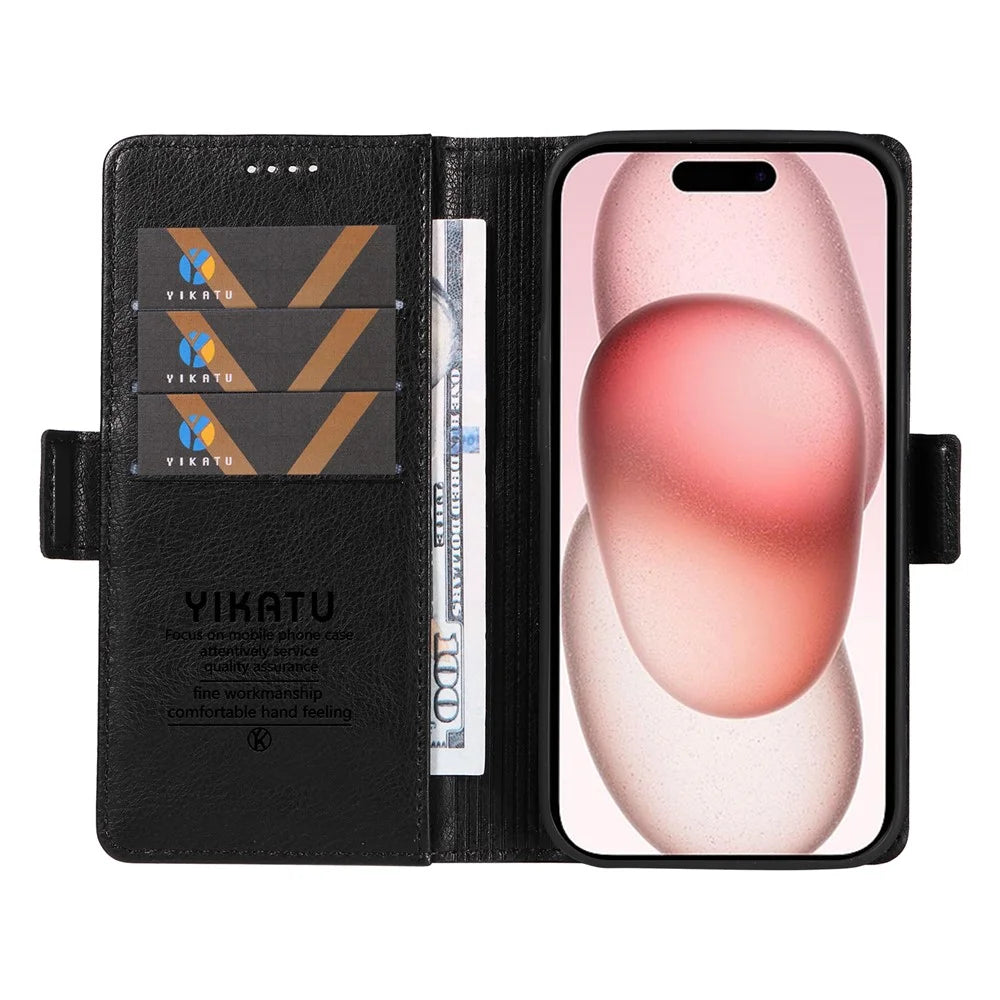 YIKATU YK-007 For iPhone 15 Leather Case Wallet Card Slots Folio Flip Phone Cover - Black - 2