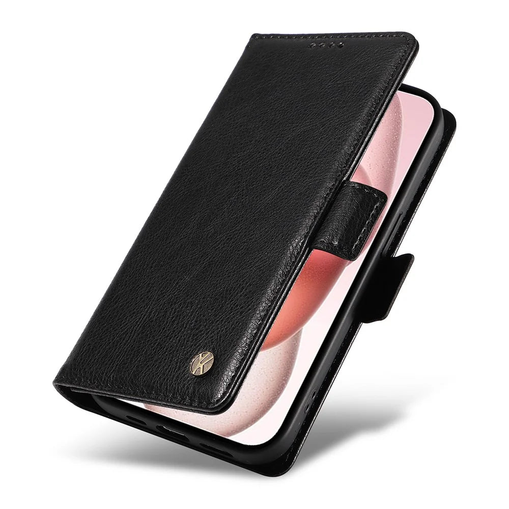 YIKATU YK-007 For iPhone 15 Leather Case Wallet Card Slots Folio Flip Phone Cover - Black - 5