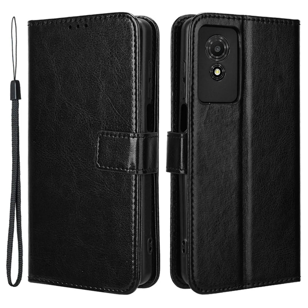 For TCL 501 Wallet Stand Case Crazy Horse Texture Leather Phone Cover - Black - 1