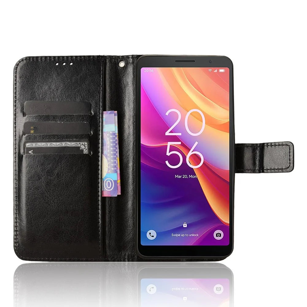 For TCL 501 Wallet Stand Case Crazy Horse Texture Leather Phone Cover - Black - 2