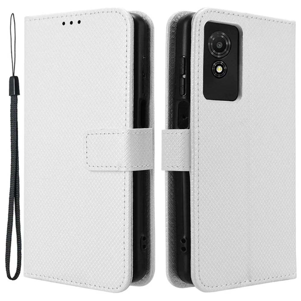 For TCL 501 Wallet Case Diamond Texture PU Leather Phone Cover with Stand - White - 1