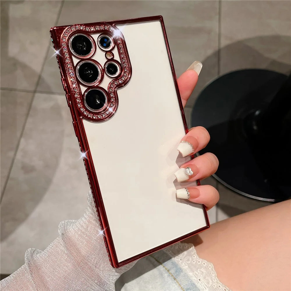 For Samsung Galaxy S22 Ultra 5G Case Bling Rhinestones Soft TPU Phone Cover - Red - 2