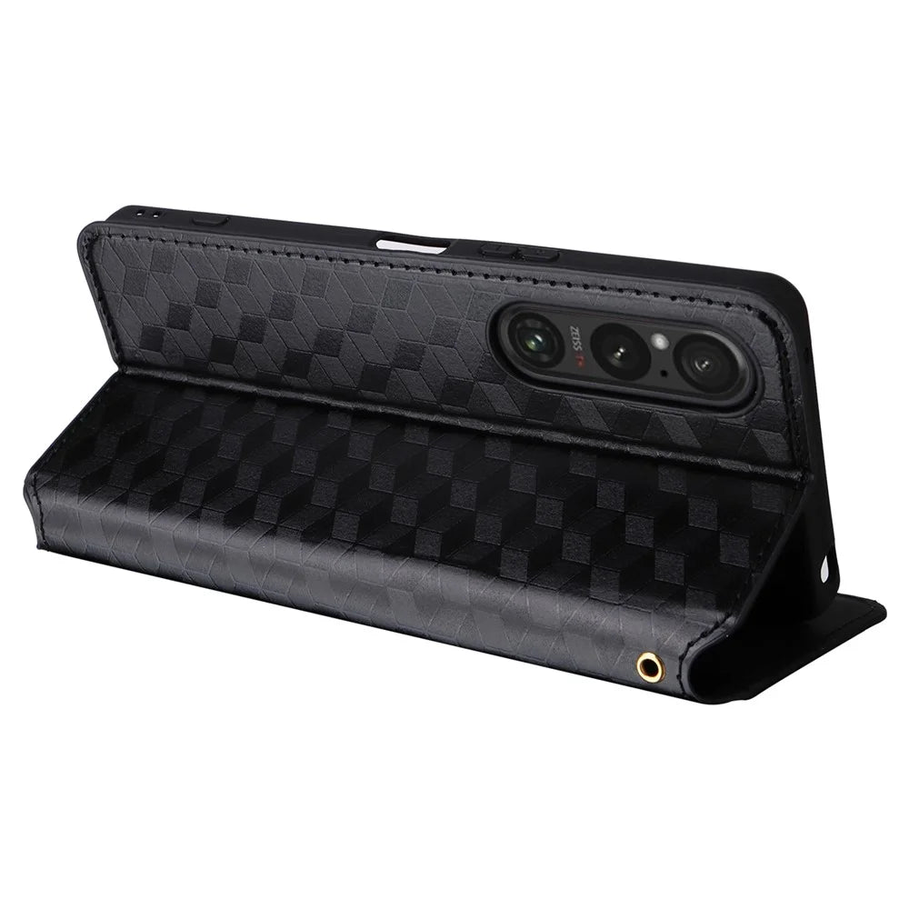 For Sony Xperia 1 VI Case Rhombus Pattern Magnetic Closing Leather Wallet Phone Cover - Black - 4