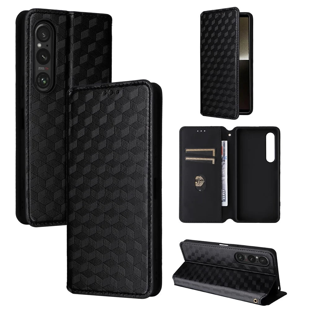 For Sony Xperia 1 VI Case Rhombus Pattern Magnetic Closing Leather Wallet Phone Cover - Black - 5