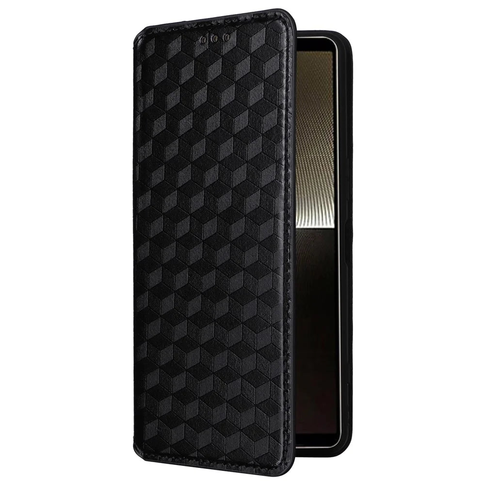 For Sony Xperia 1 VI Case Rhombus Pattern Magnetic Closing Leather Wallet Phone Cover - Black - 6