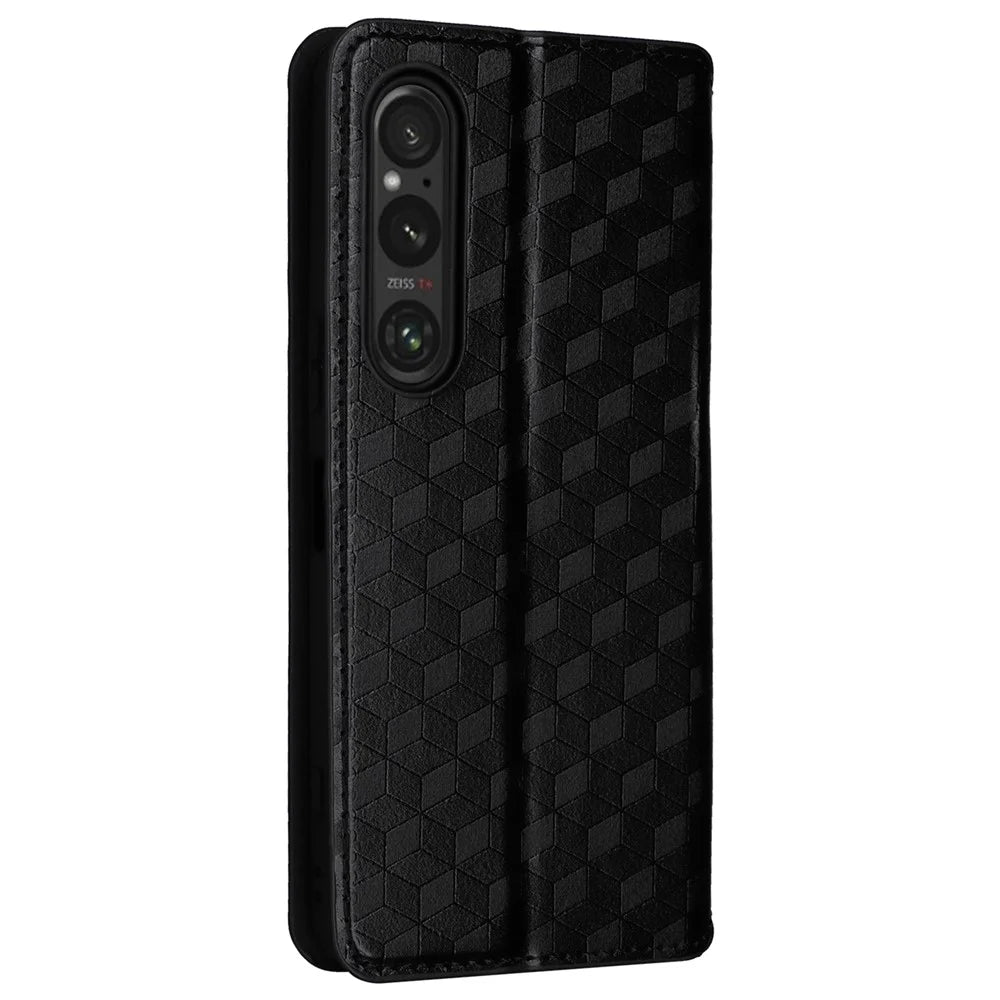 For Sony Xperia 1 VI Case Rhombus Pattern Magnetic Closing Leather Wallet Phone Cover - Black - 7