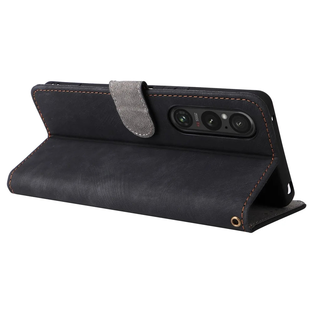 For Sony Xperia 1 VI Leather Case RFID Blocking Wallet Cover with Wrist Strap - Black - 4