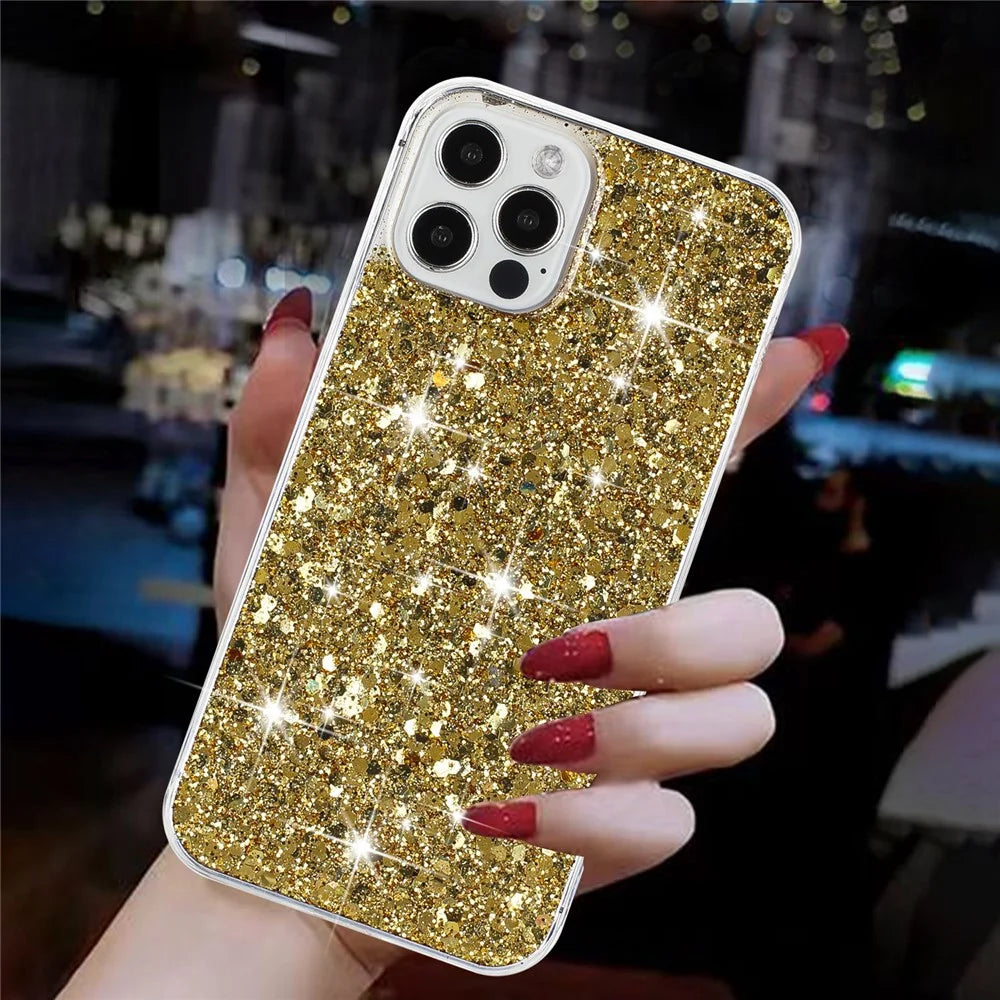 For iPhone 12 Pro Max Cases Anti-Scratch Phone Cover Epoxy Glittery Powder Decor TPU Phone Shell - Gold - 4