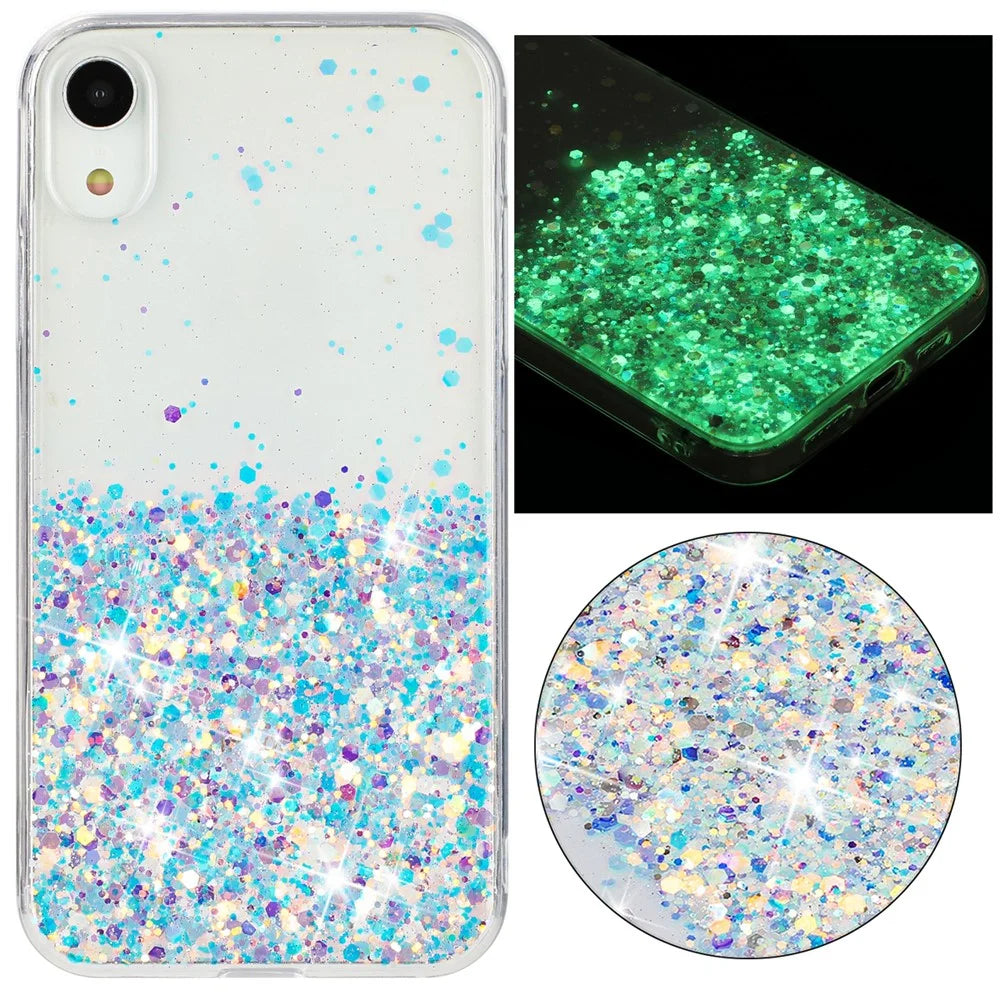 For iPhone XR Shockproof Phone Case Epoxy Glitter Sparkle Luminous TPU Phone Cover - White - 1