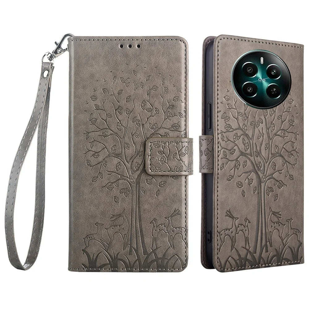 For Realme 12 4G / 12+ 5G Leather Case Tree Imprinted Stand Mobile Phone Cover - Grey - 1