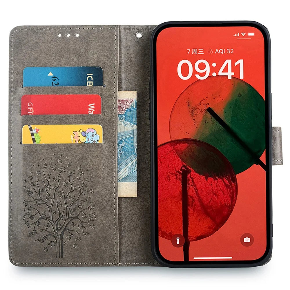 For Realme 12 4G / 12+ 5G Leather Case Tree Imprinted Stand Mobile Phone Cover - Grey - 2