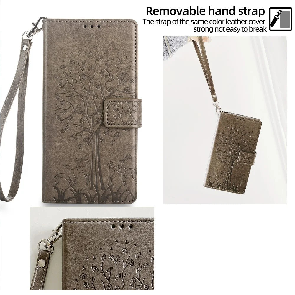 For Realme 12 4G / 12+ 5G Leather Case Tree Imprinted Stand Mobile Phone Cover - Grey - 4