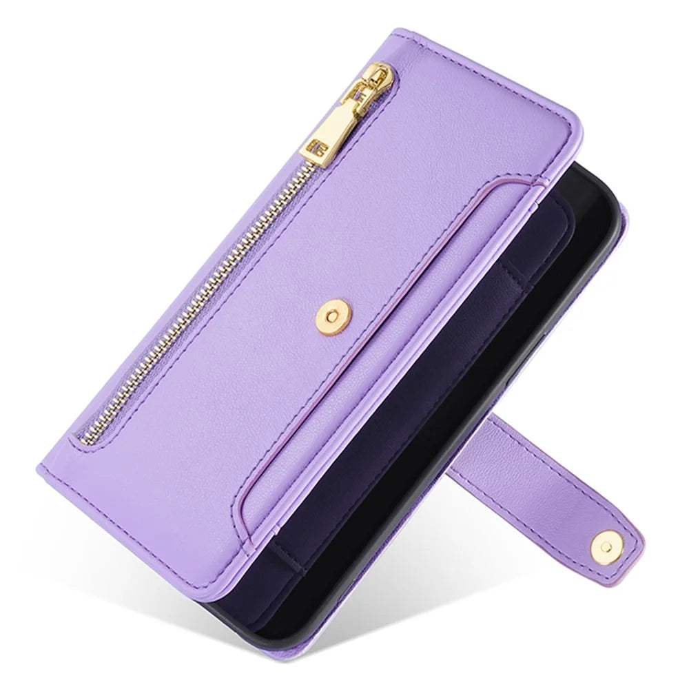 For Realme 12 Pro 5G / 12 Pro+ 5G Cell Phone Cases Zipper Pocket Leather Crossbody Cover - Purple - 5
