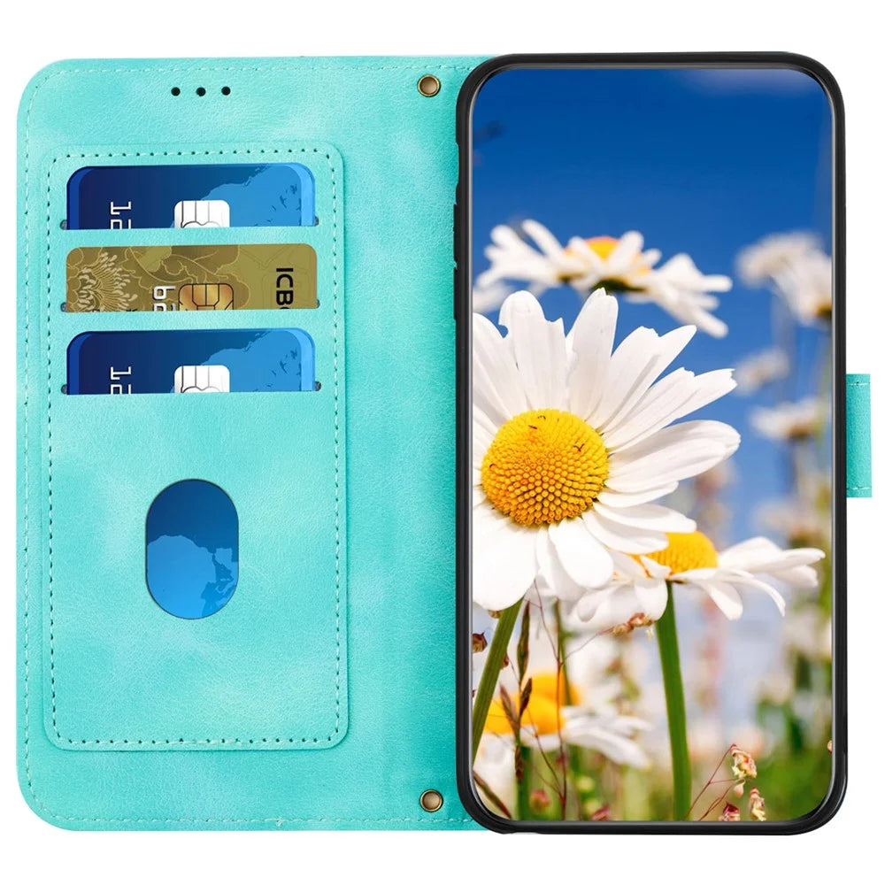 For Google Pixel 9 / Pixel 9 Pro Phone Cover Flower Pattern PU Leather Case with Card Holder and Stand - Green - 2