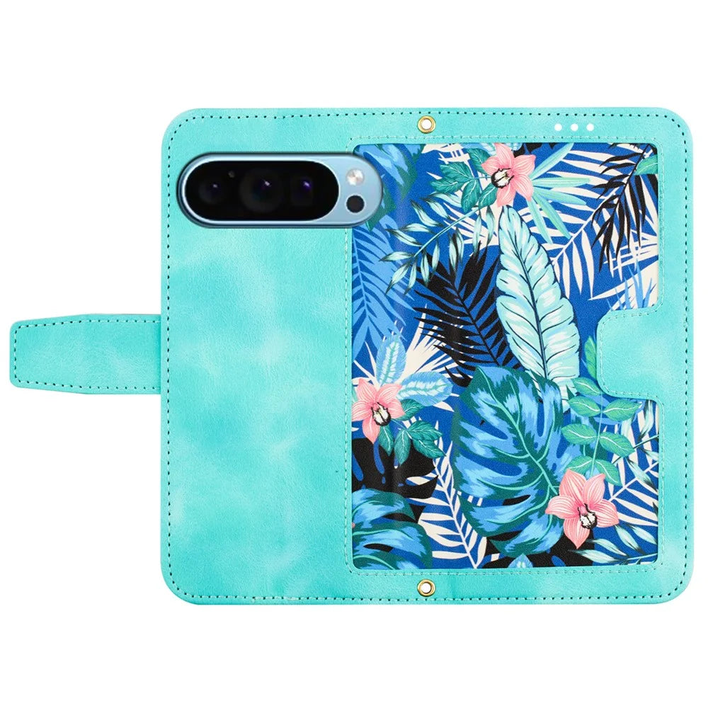 For Google Pixel 9 / Pixel 9 Pro Phone Cover Flower Pattern PU Leather Case with Card Holder and Stand - Green - 5