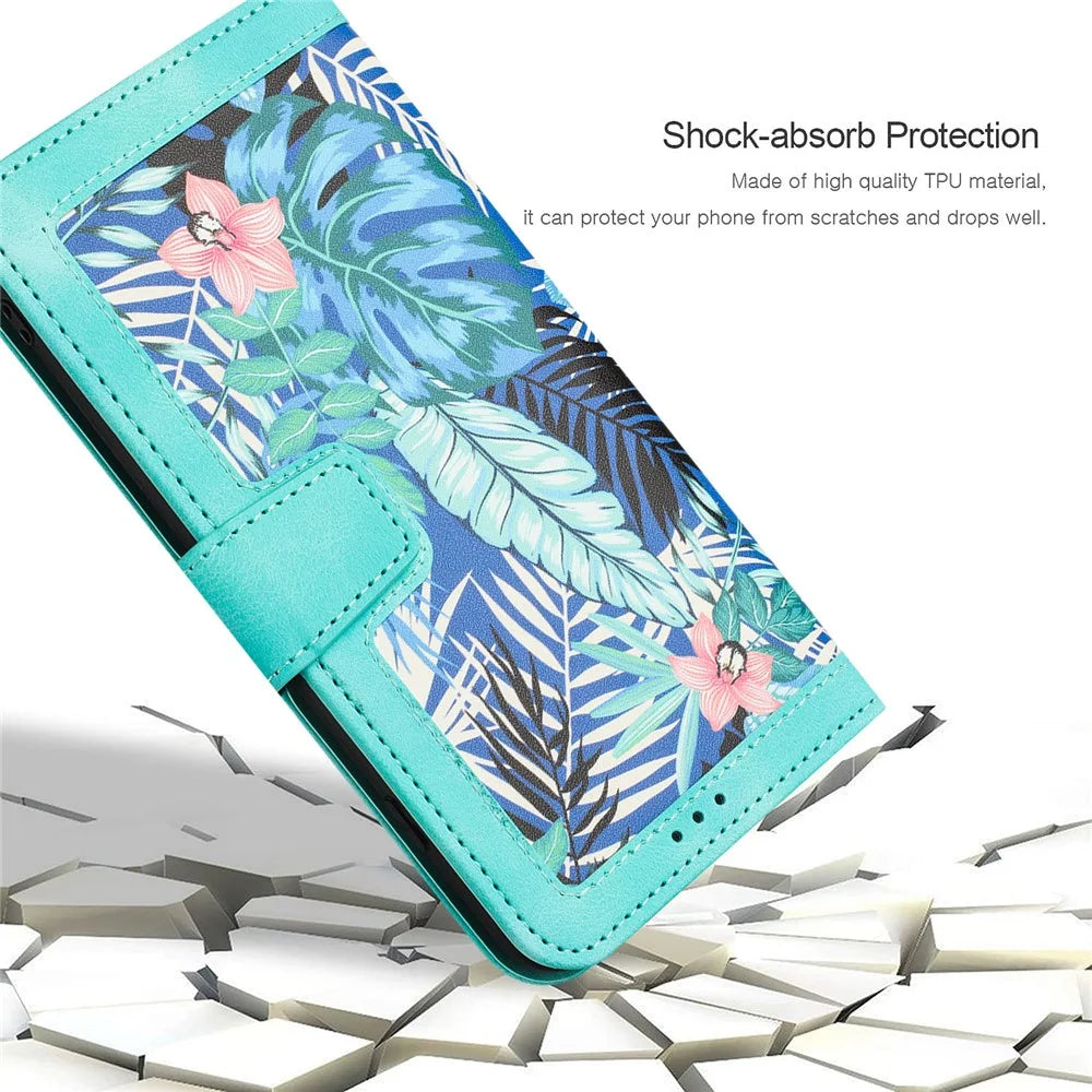 For Google Pixel 9 / Pixel 9 Pro Phone Cover Flower Pattern PU Leather Case with Card Holder and Stand - Green - 7