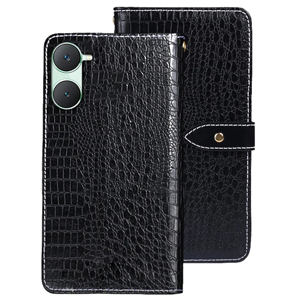 IDEWEI For vivo Y03 Wallet Cover Crocodile Texture PU Leather Phone Case Supplier - Black - 1