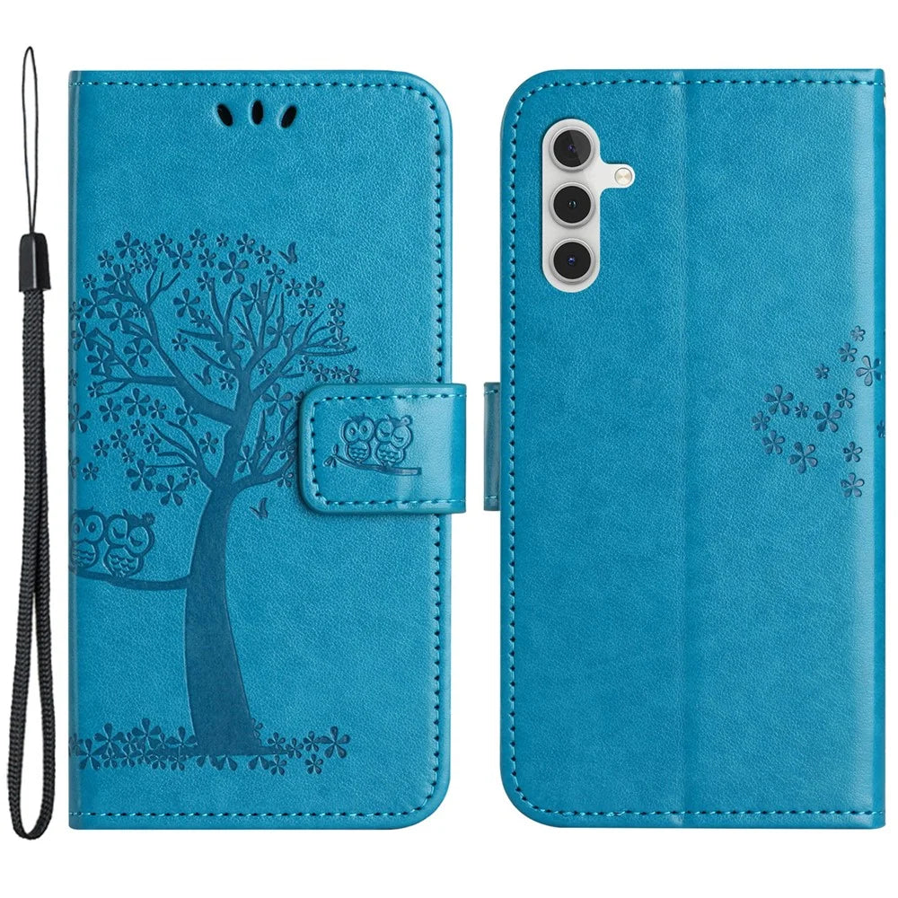 Leather Case for Samsung Galaxy M15 5G / F15 5G , Wallet Phone Cover Imprinted Owl Tree - Blue - 1
