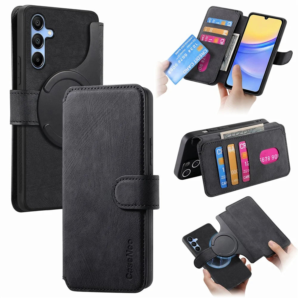For Samsung Galaxy A25 5G (Global) (161mm) Magnetic Case CASENEO Detachable Leather Phone Wallet Cover - Black - 1