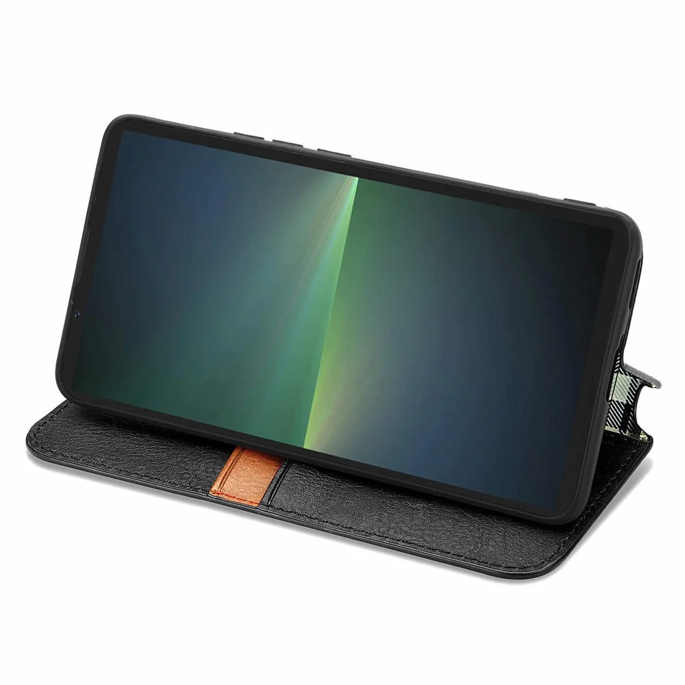 For Sony Xperia 5 V PU Leather Case Rhombus Imprint Wallet Stand Phone Cover - Black - 3