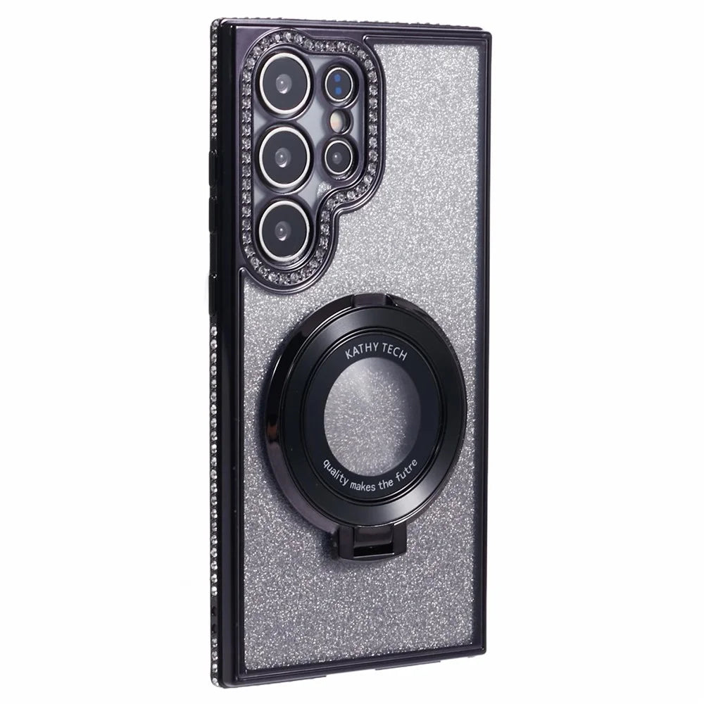 For Samsung Galaxy S22 Ultra 5G TPU Case Gradient Phone Cover with Kickstand / Rhinestone - Black - 3