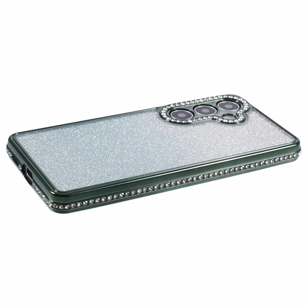 For Samsung Galaxy S24 Case Rhinestones Decorated Anti-Scratch Gradient TPU Phone Cover - Midnight Green - 4