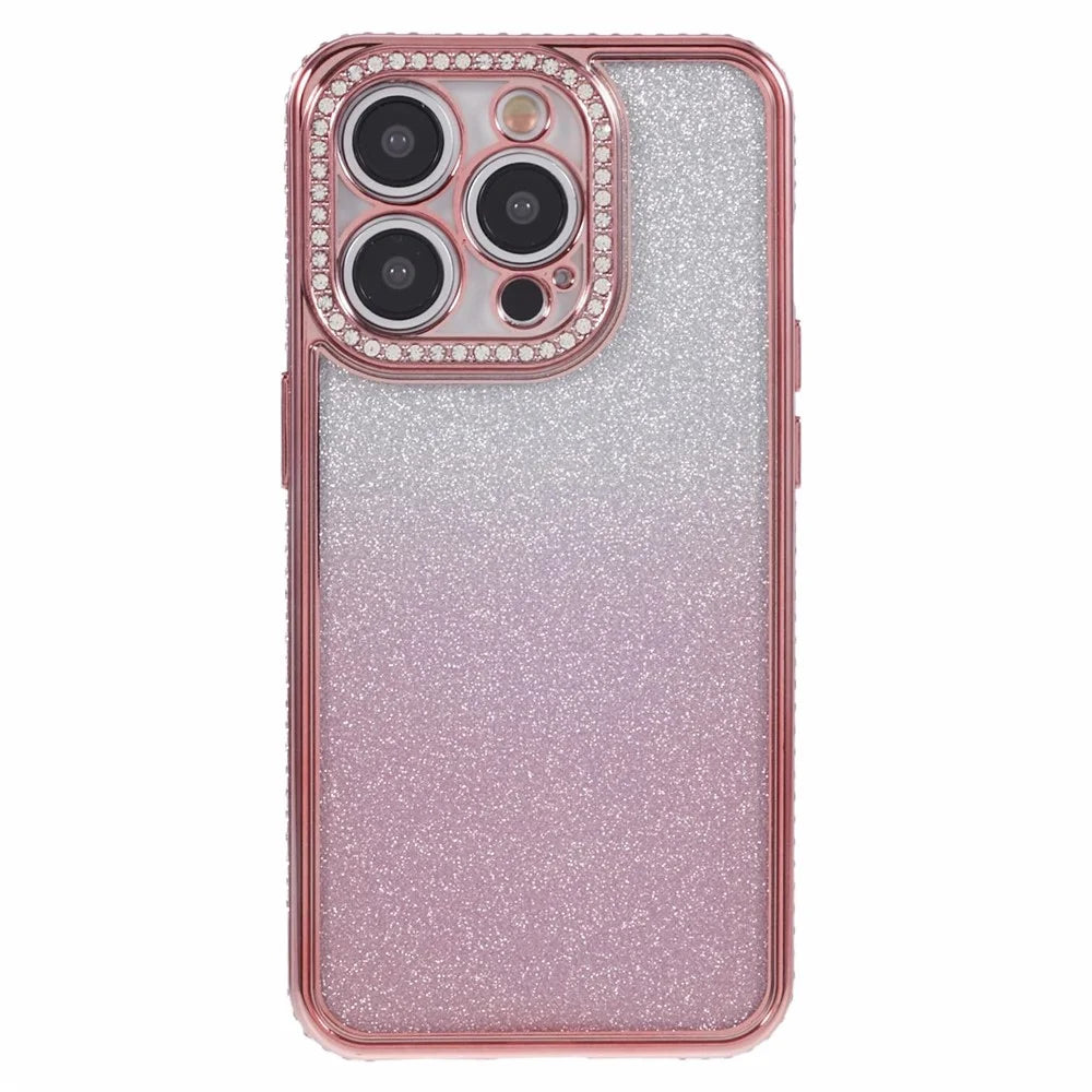 For iPhone 14 Pro Case Rhinestones Decor Gradient TPU Phone Cover Mobile Accessories   - Rose Gold - 1