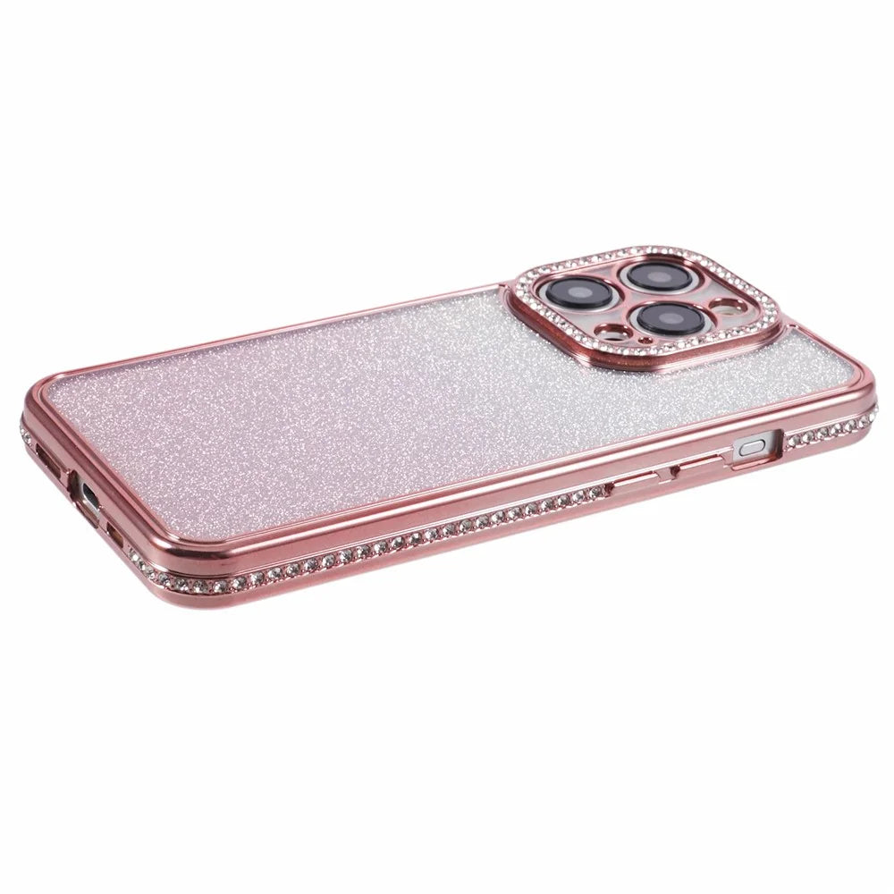 For iPhone 14 Pro Case Rhinestones Decor Gradient TPU Phone Cover Mobile Accessories   - Rose Gold - 5