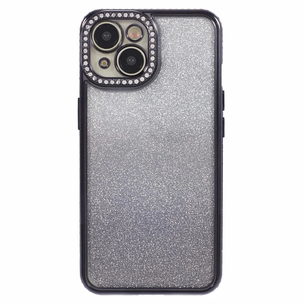 For iPhone 14 Case Camera Protection Glitter Rhinestone Decor Gradient TPU Phone Cover - Black - 1